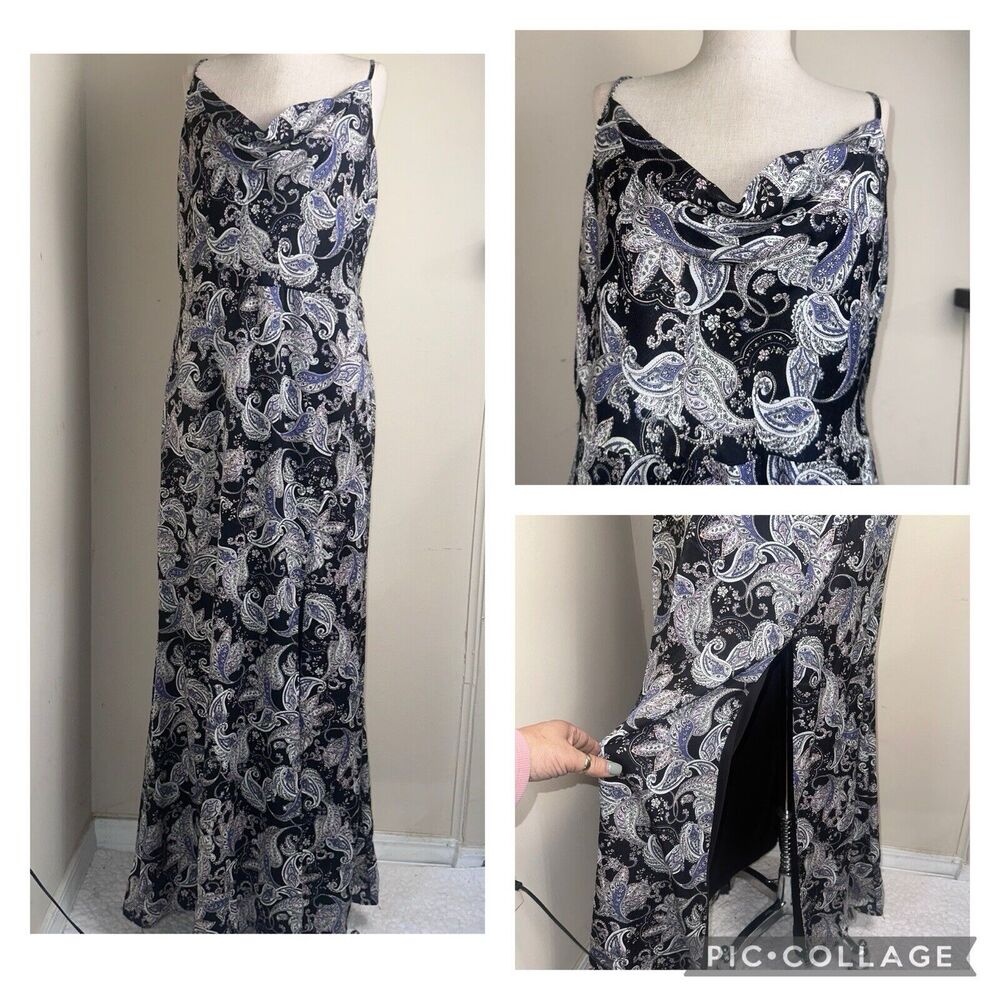London Times Black White Paisley Maxi Dress Lined Split Size 10